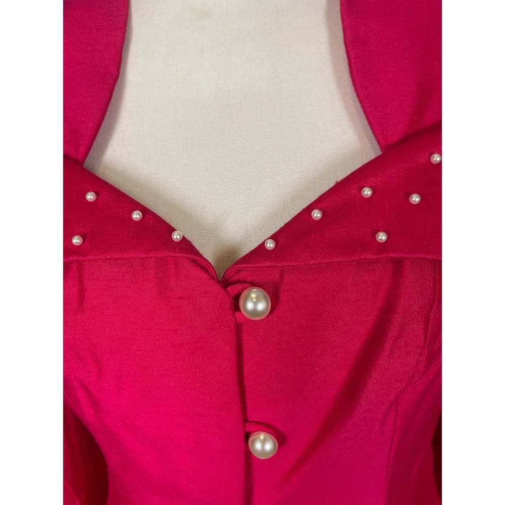 Vintage 80s Hot Pink Maxi Skirt Suit Set S/M Hot Pink Pearl Puff Sleeve USA Glam